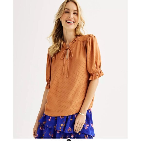 Draper James RSVP Orange Polka Dot Blouse Tie Neck Smocked Sleeves L Office SIre - Picture 2 of 13